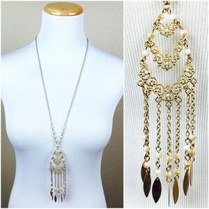 NWT Gold Tone Long Fringe Pendant Bead Accent Necklace Set with Earrings